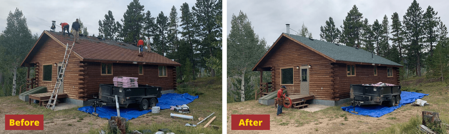 Log Cabin exterior remodel roofing job and gutter repairs before and after